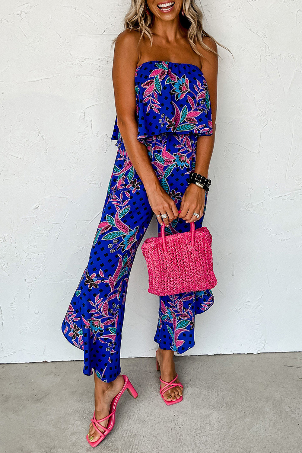 Blue mix tropical print trägerloser geraffter jumpsuit