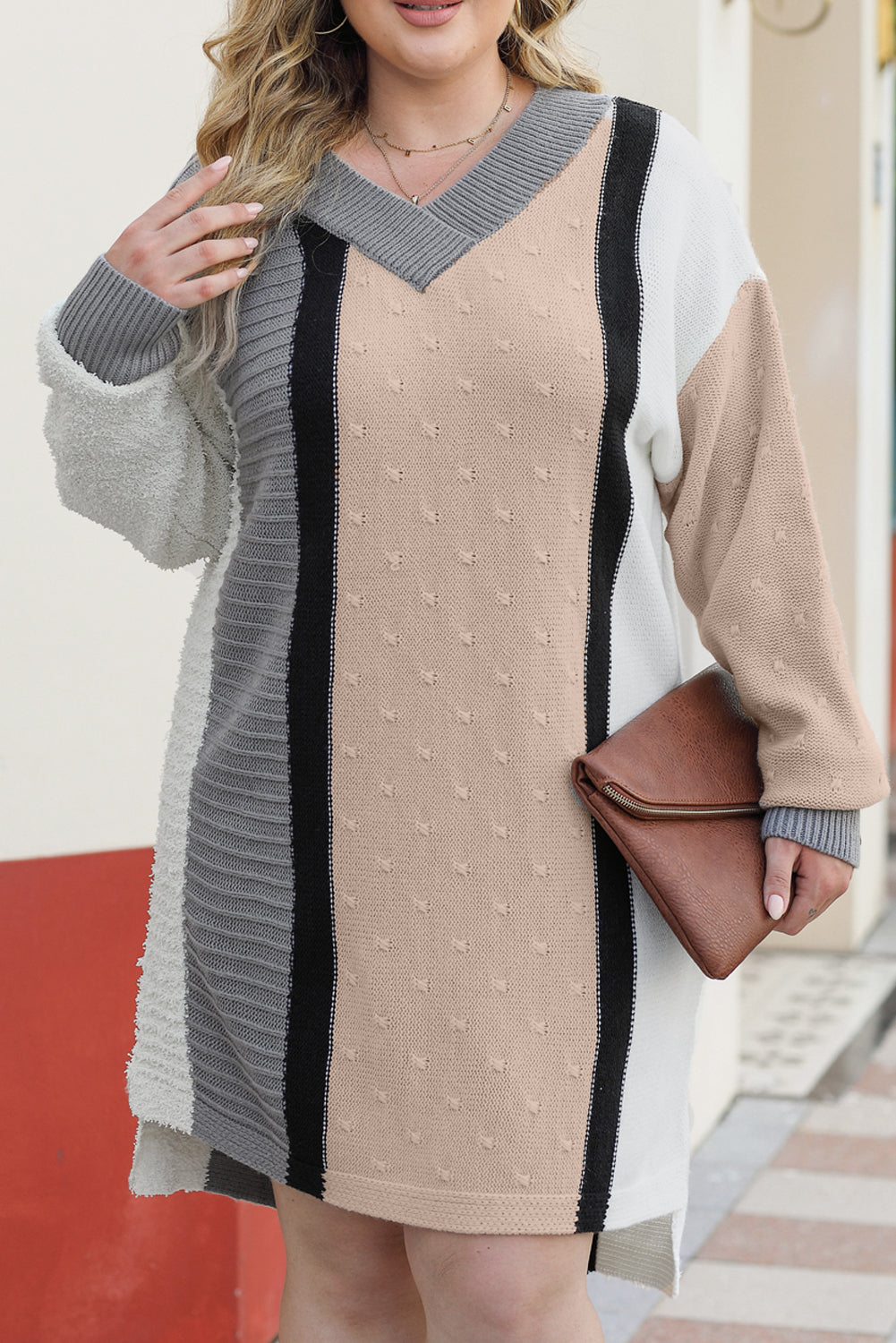 Aprikose gemischte boucl farbe block plus größe pullover kleid