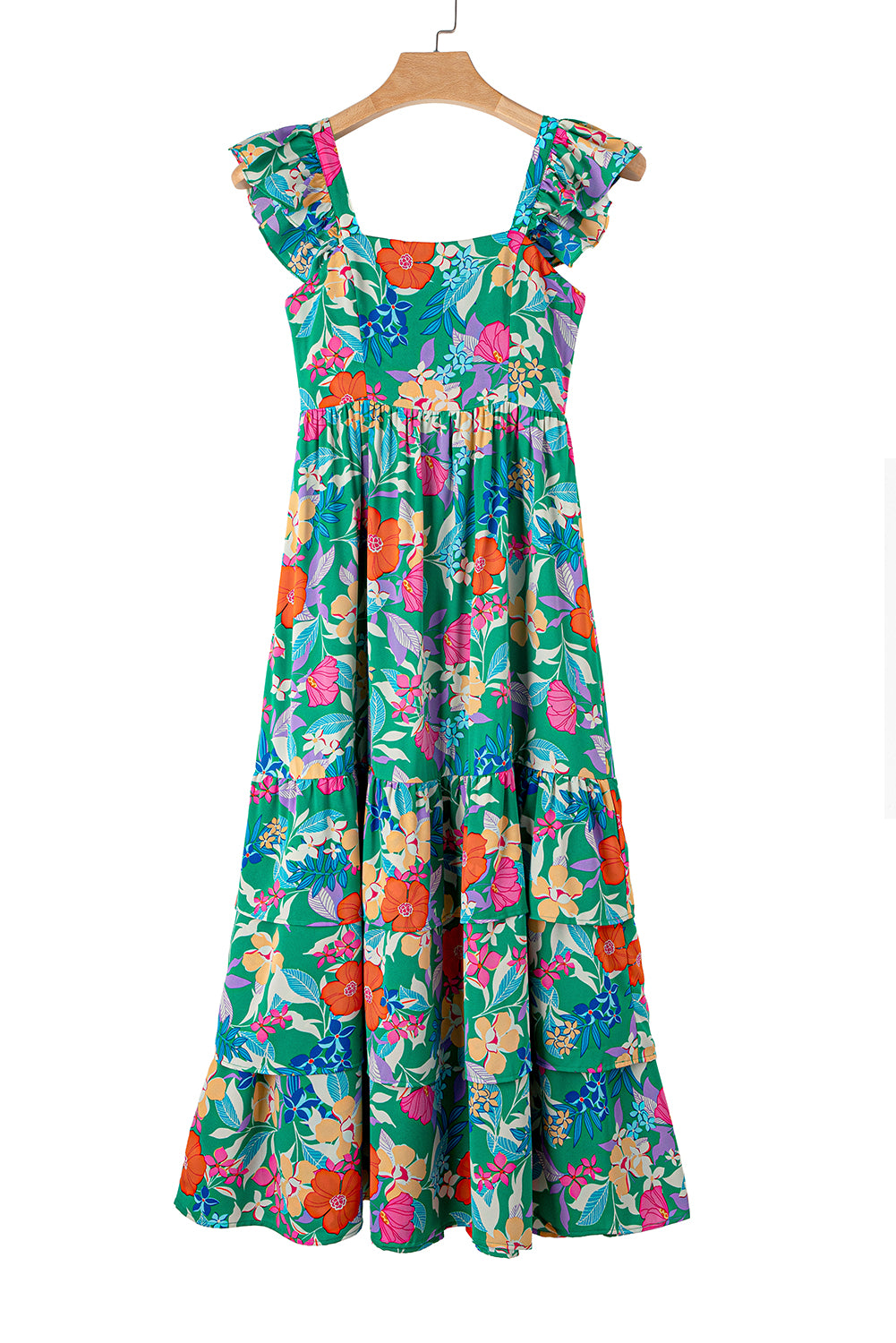 Grünes ärmelloses maxikleid mit blumendruck und rüschenbesatz