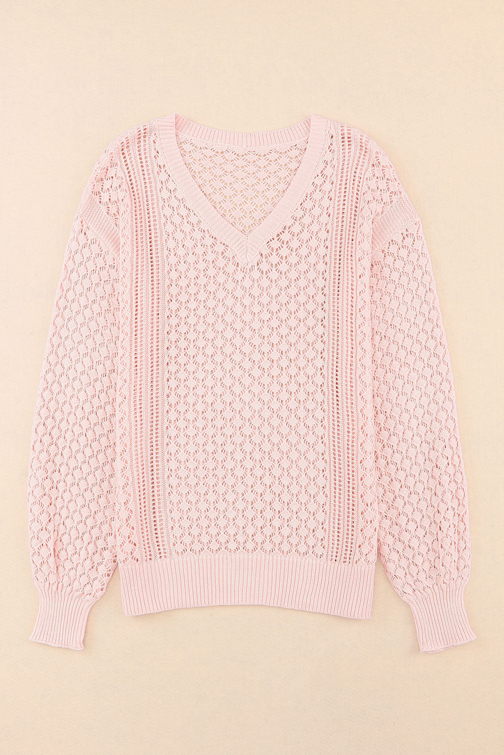 Pinker pullover mit geripptem v-ausschnitt aus lockerem pointelle-strick