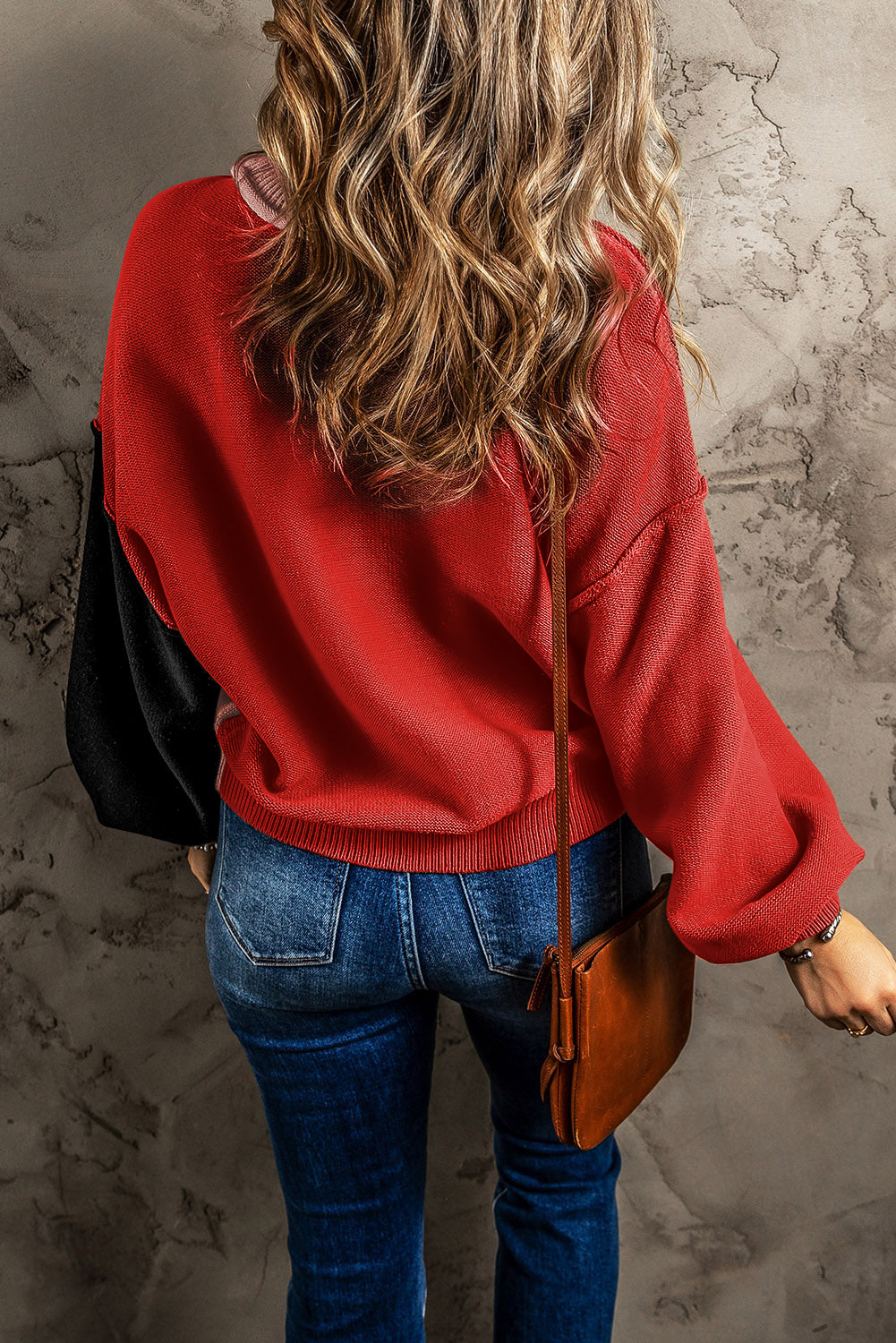 Rosa Colorblock Pullover mit gerippten Ärmeln