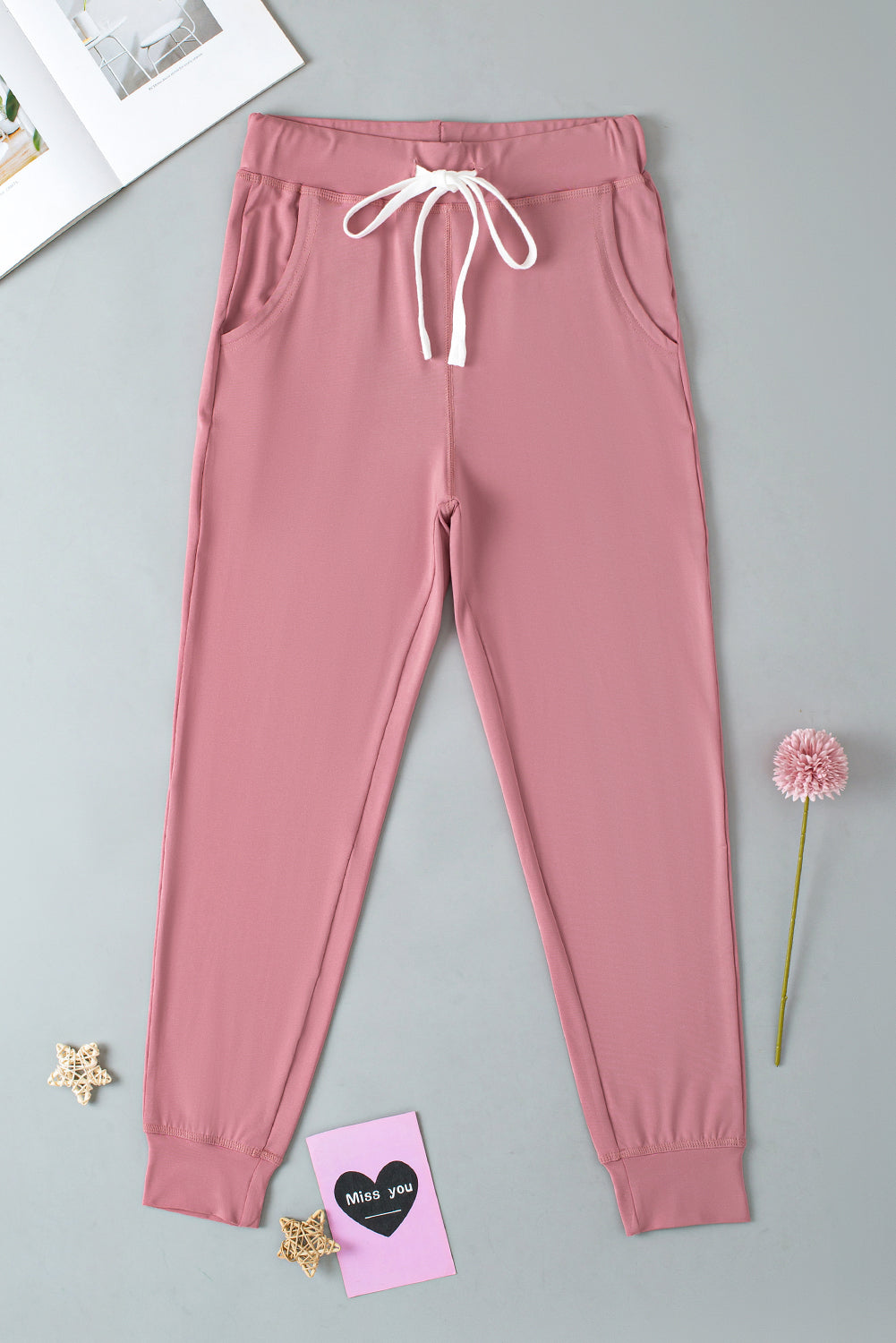 Fushia jogginghose mit kordelzug und taschenträgern