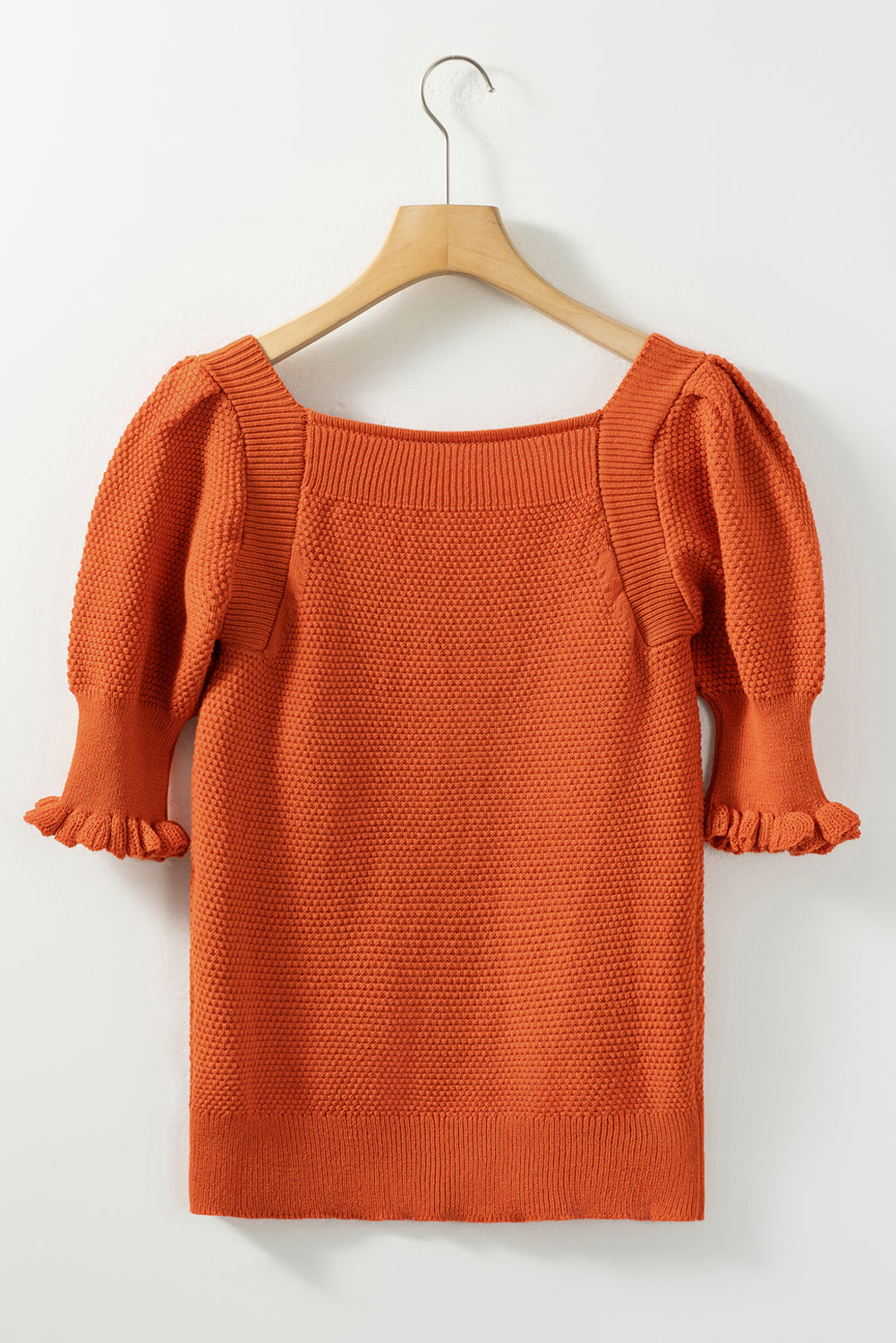 Gold flame textured knit bubble sleeve square neck top