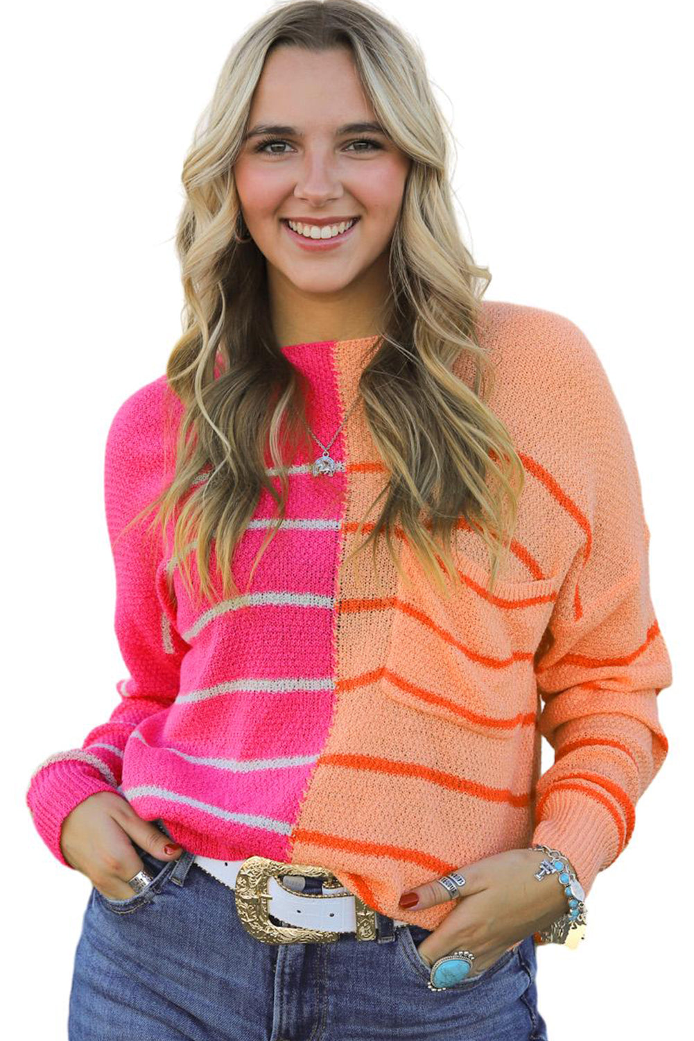 Mehrfarbig gestreifter farbblock strickpullover in lockerer passform
