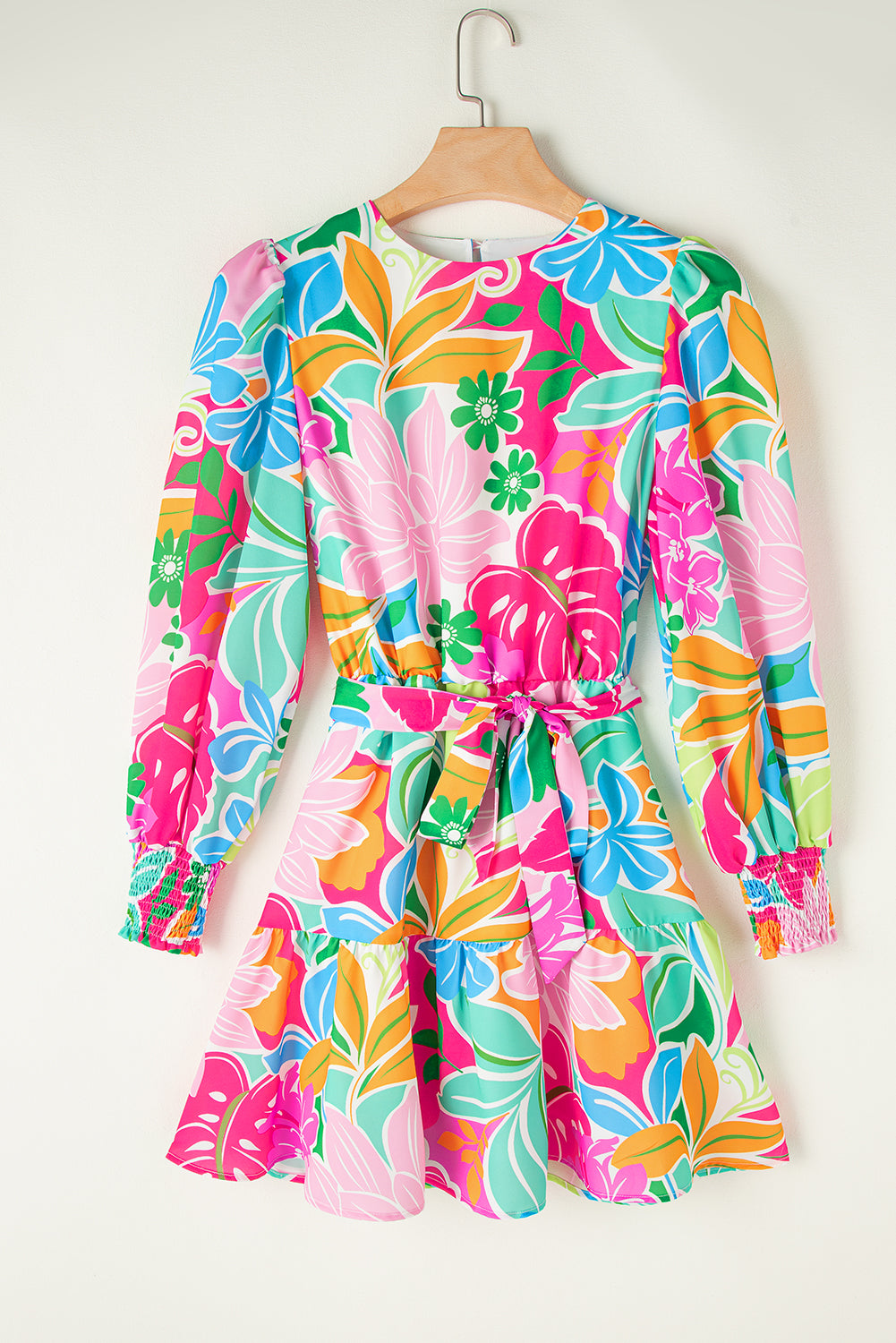 Grünes mehrfarbiges botanisches Bubble Sleeve Minikleid
