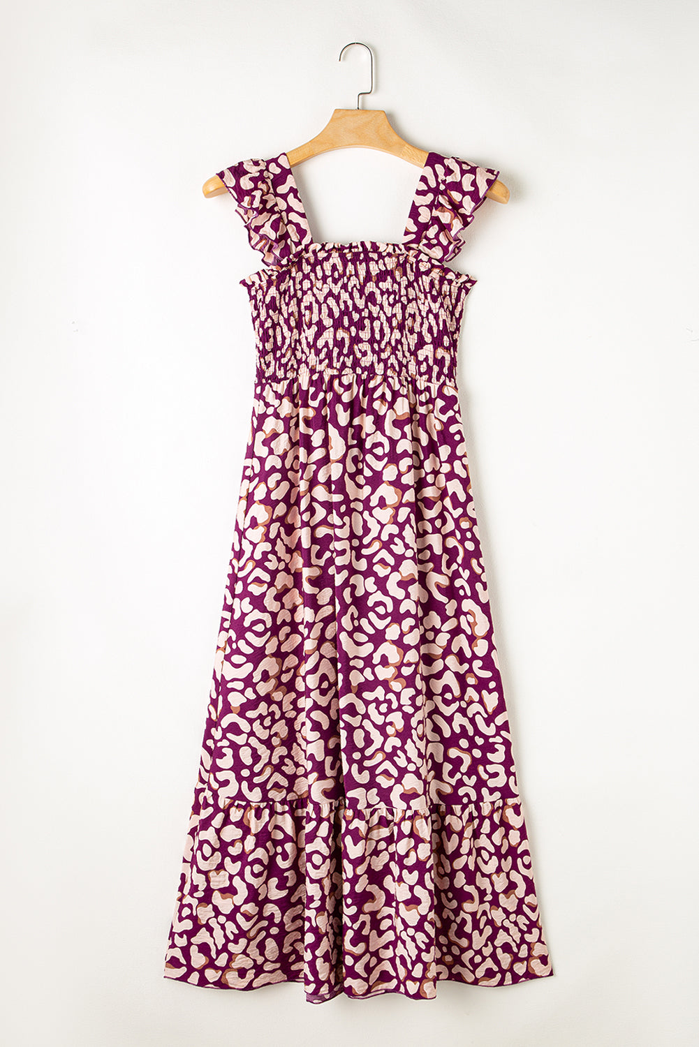 Rose leopard rüschenriemen gesmoktes langes kleid mit hoher taille