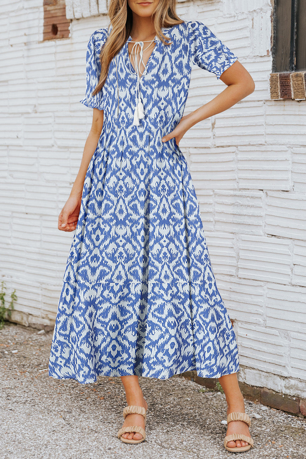 Himmelblau V-Ausschnitt Casual Geometric Print Maxikleid