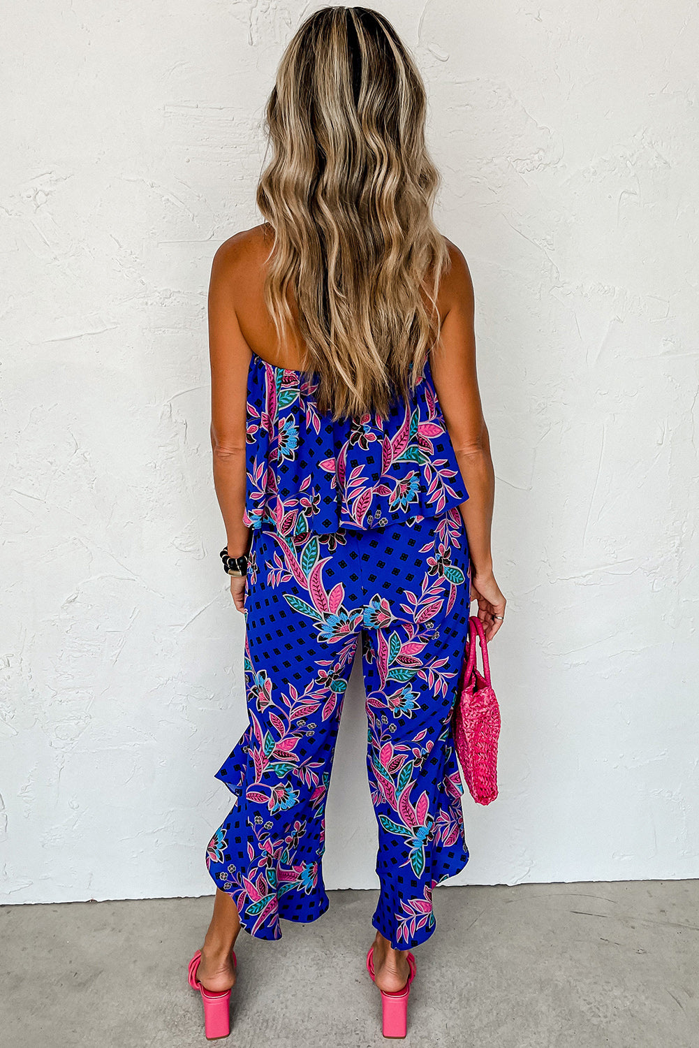 Blue mix tropical print trägerloser geraffter jumpsuit