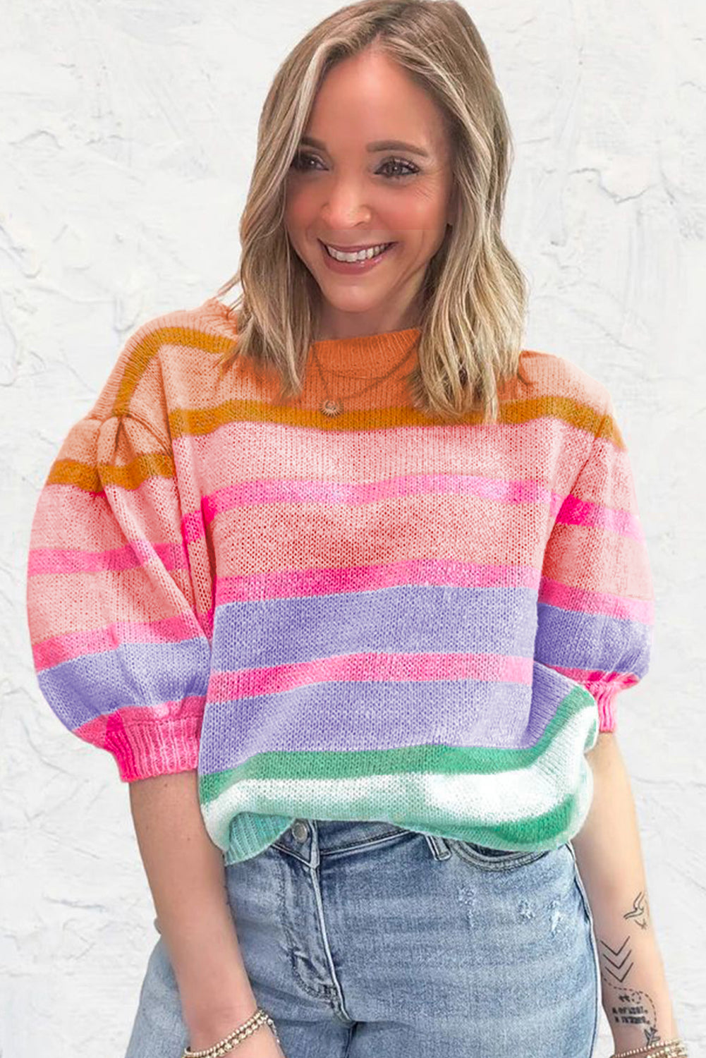 Rose red bunte streifen bubble short sleeve pullover