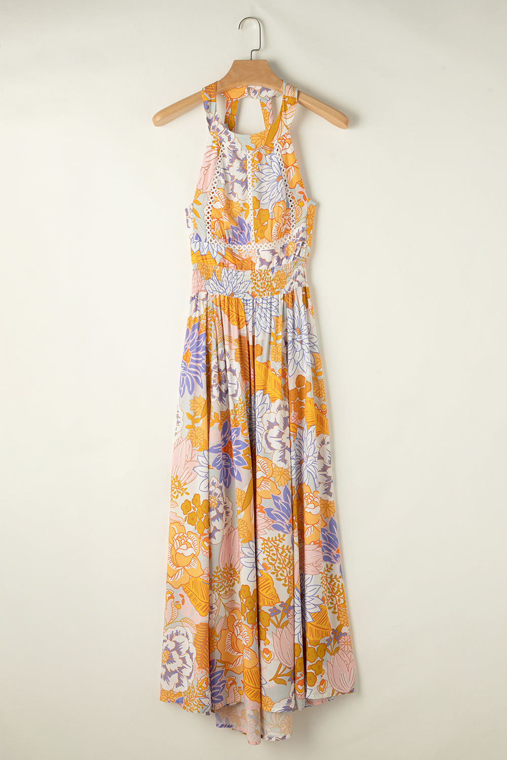Orange boho floral rückenfreie spitze ärmelloses maxikleid