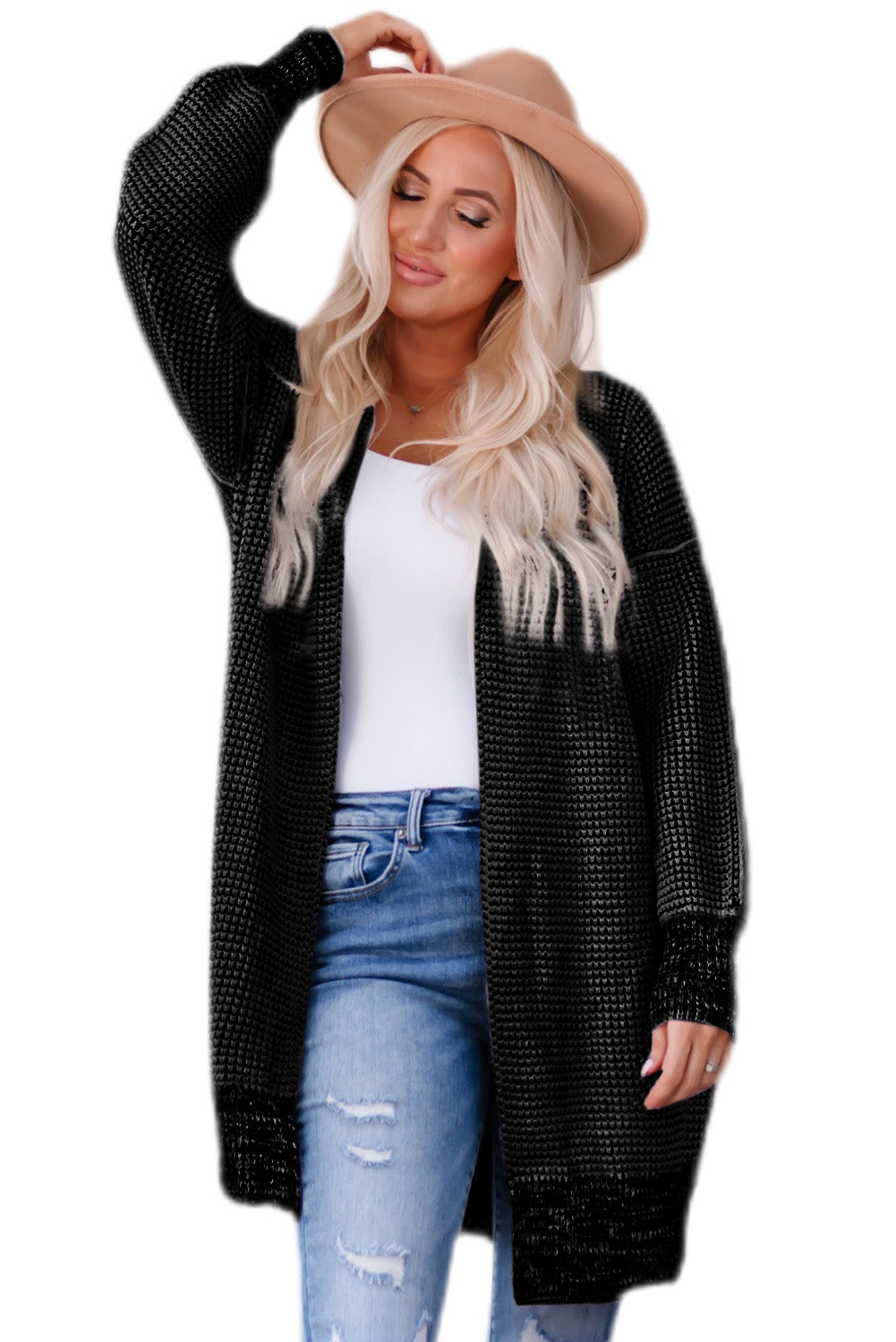 Schwarz karierter strickcardigan mit offener vorderseite