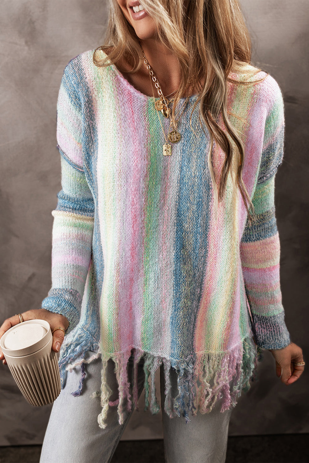 Lila farbe block fransen drop shoulder tunika pullover
