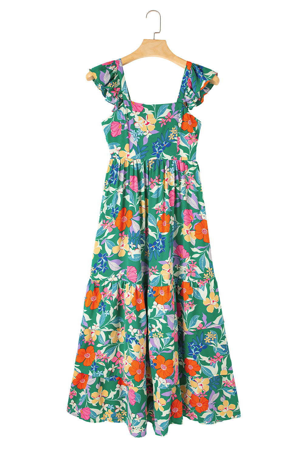 Grünes ärmelloses maxikleid mit blumendruck und rüschenbesatz