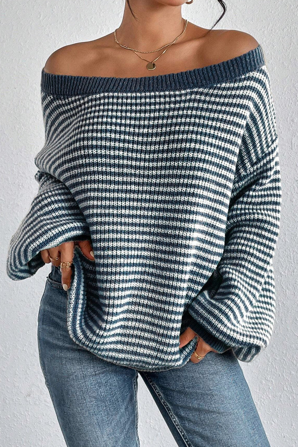 Segelblau gestreift laterne ärmel drop shoulder gemütlichen pullover
