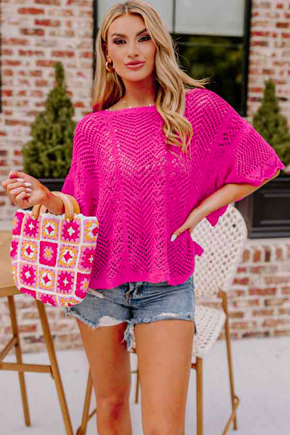 Rose red pointelle knit jakobsmuschel rand kurzarm top