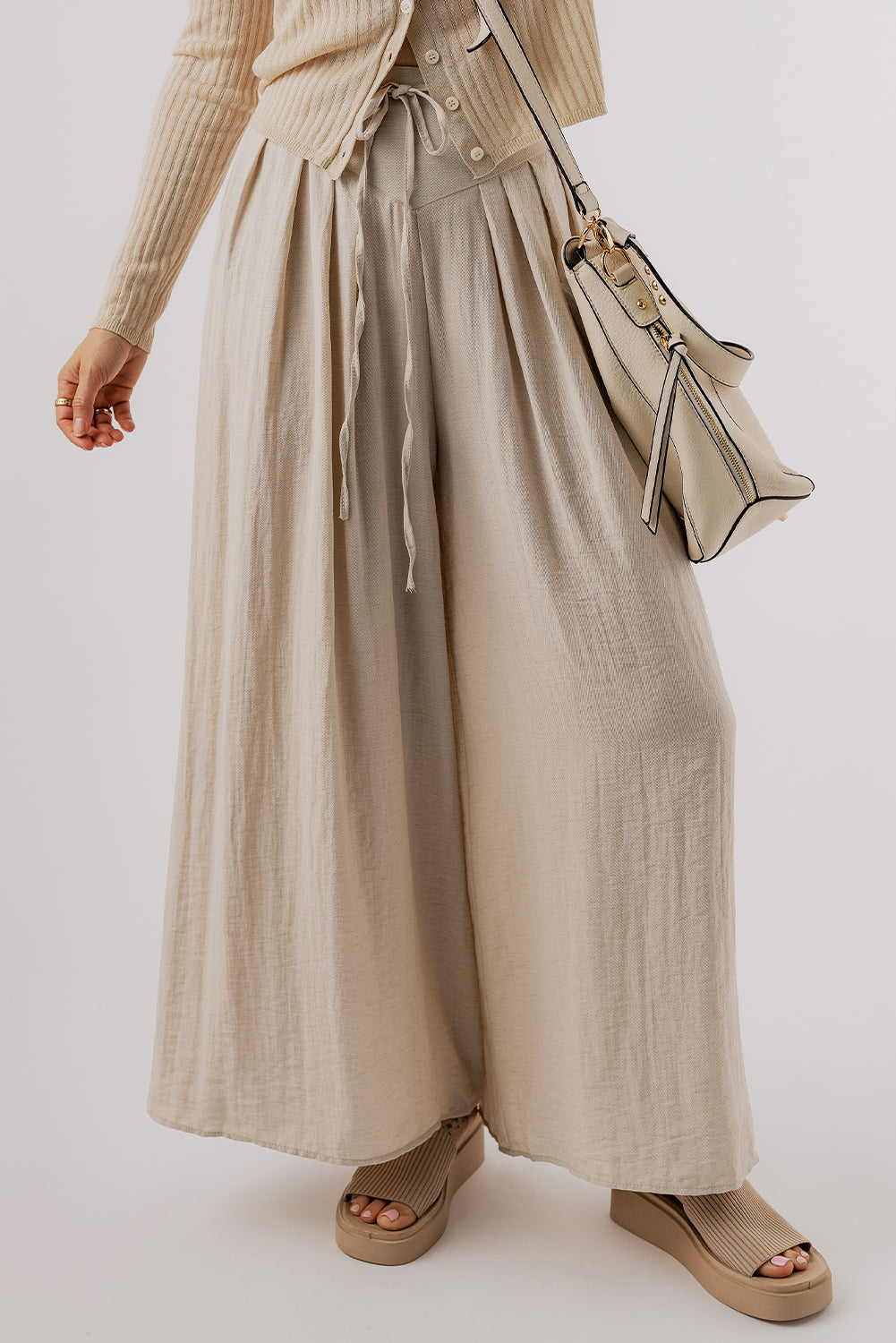 Beige kordelzug taille plissiert weites bein freizeithose