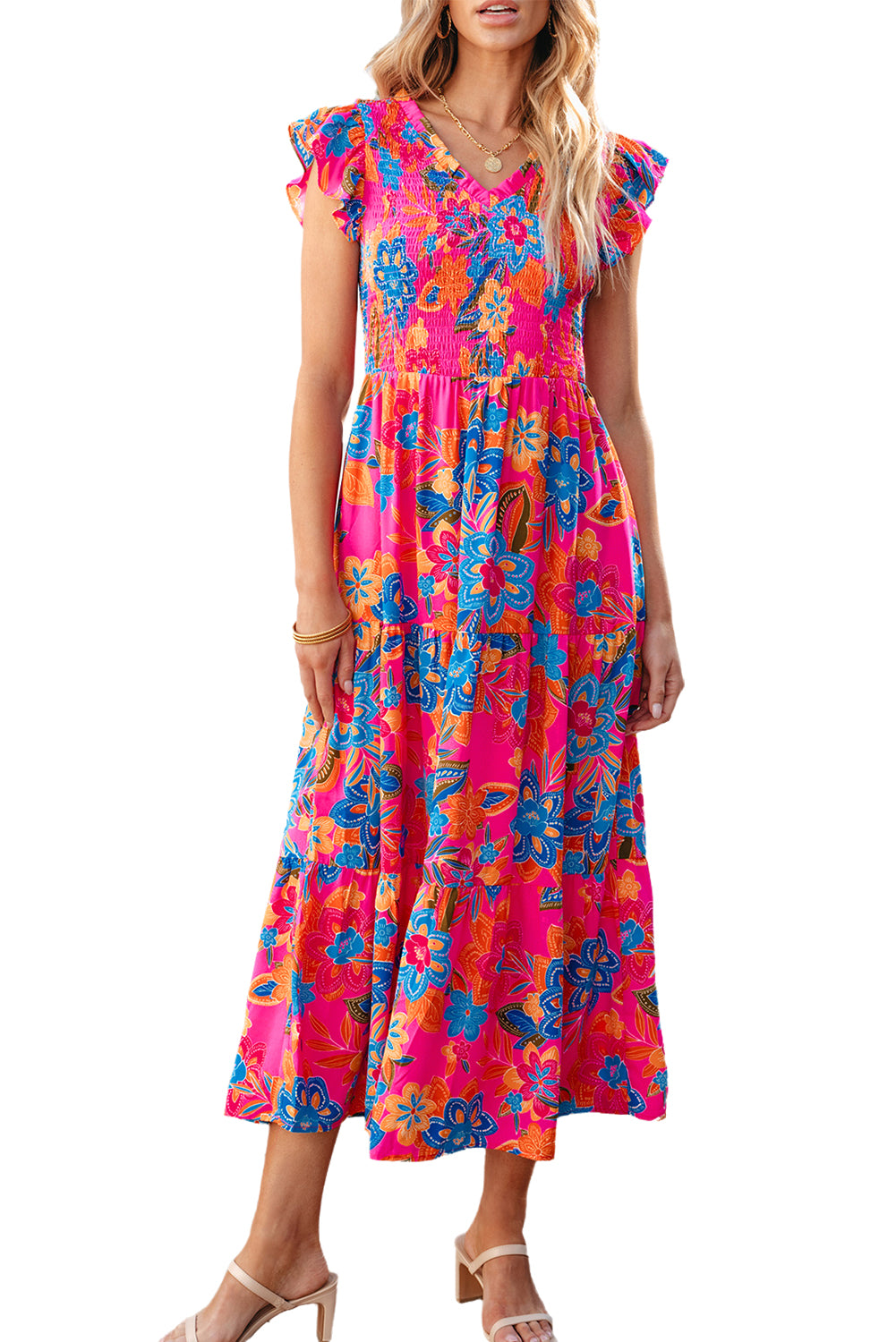 Rosenrot boho floral v-ausschnitt rüschen gestreift langes kleid