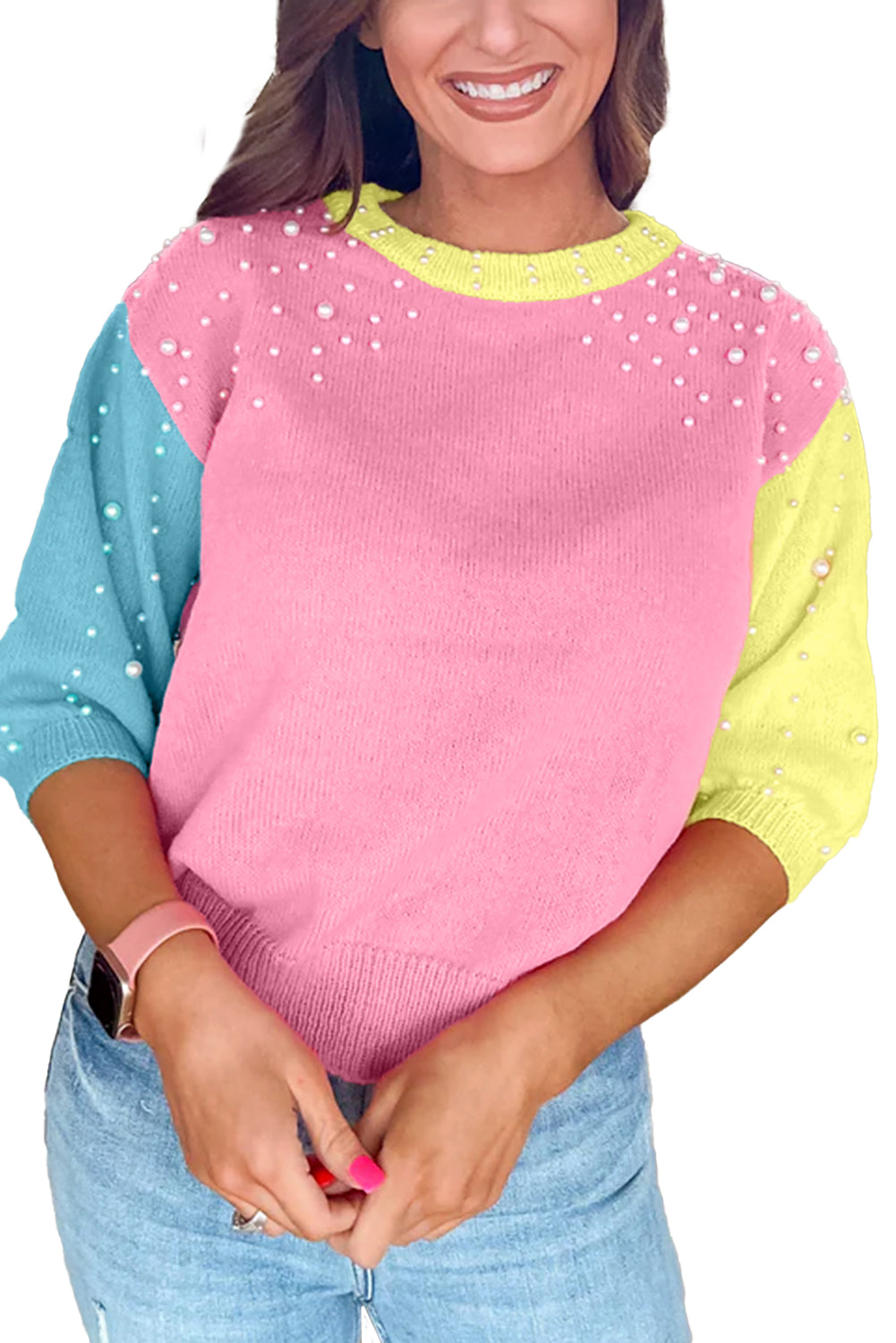 Rosenroter colorblock pullover mit rundhalsausschnitt und halben ärmeln mit perlen