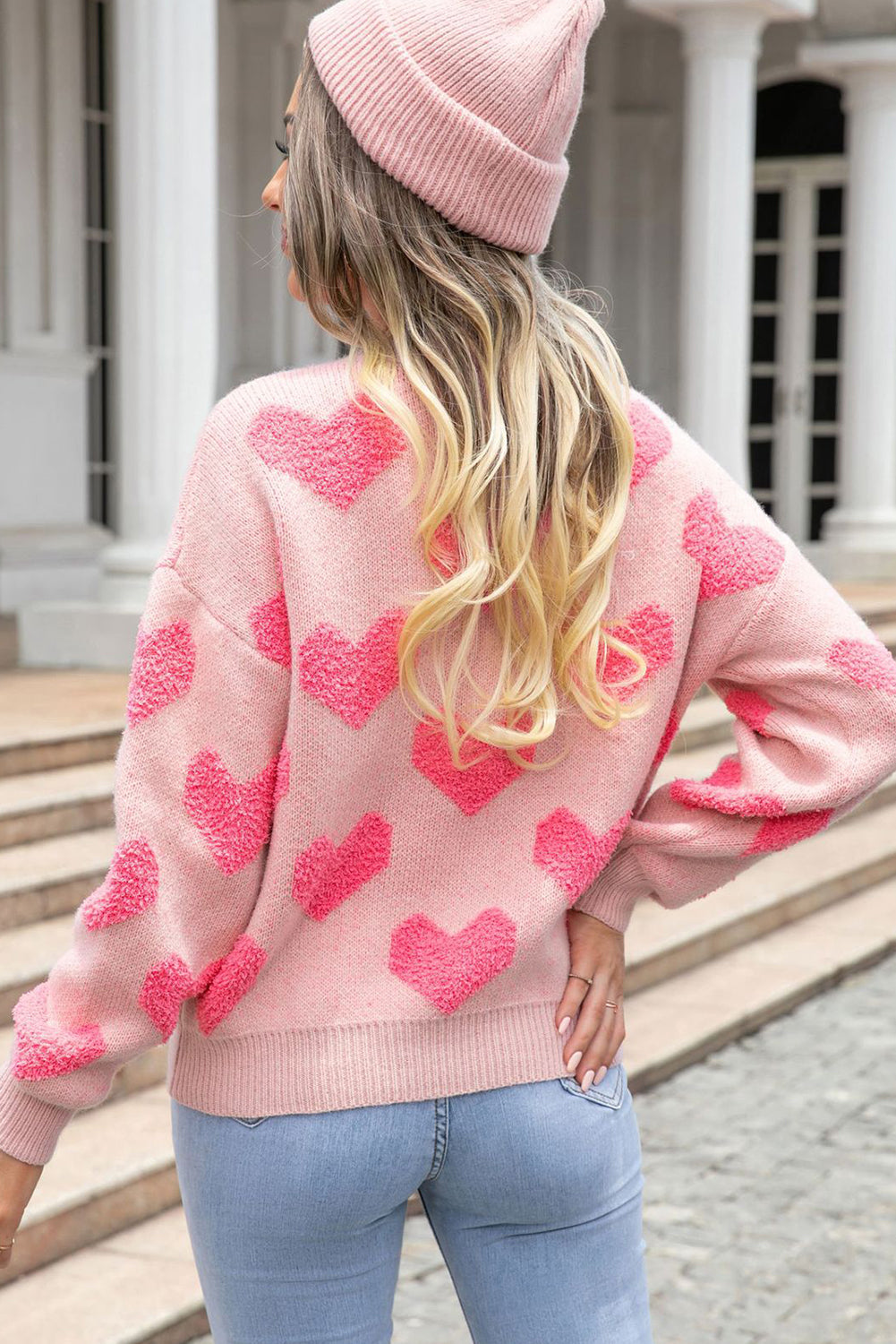 Hellrosa valentinstag herz-jacquard-strickpullover