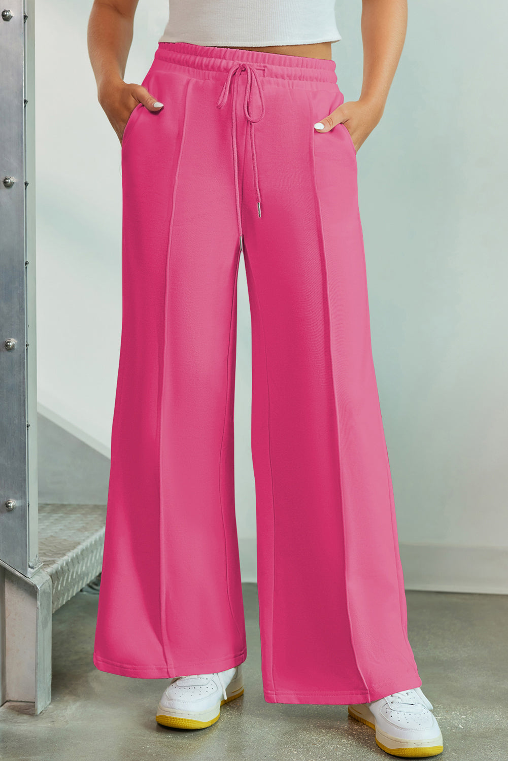 Rose rot frottee strick kordelzug gesmokte taille weites bein sweatpants