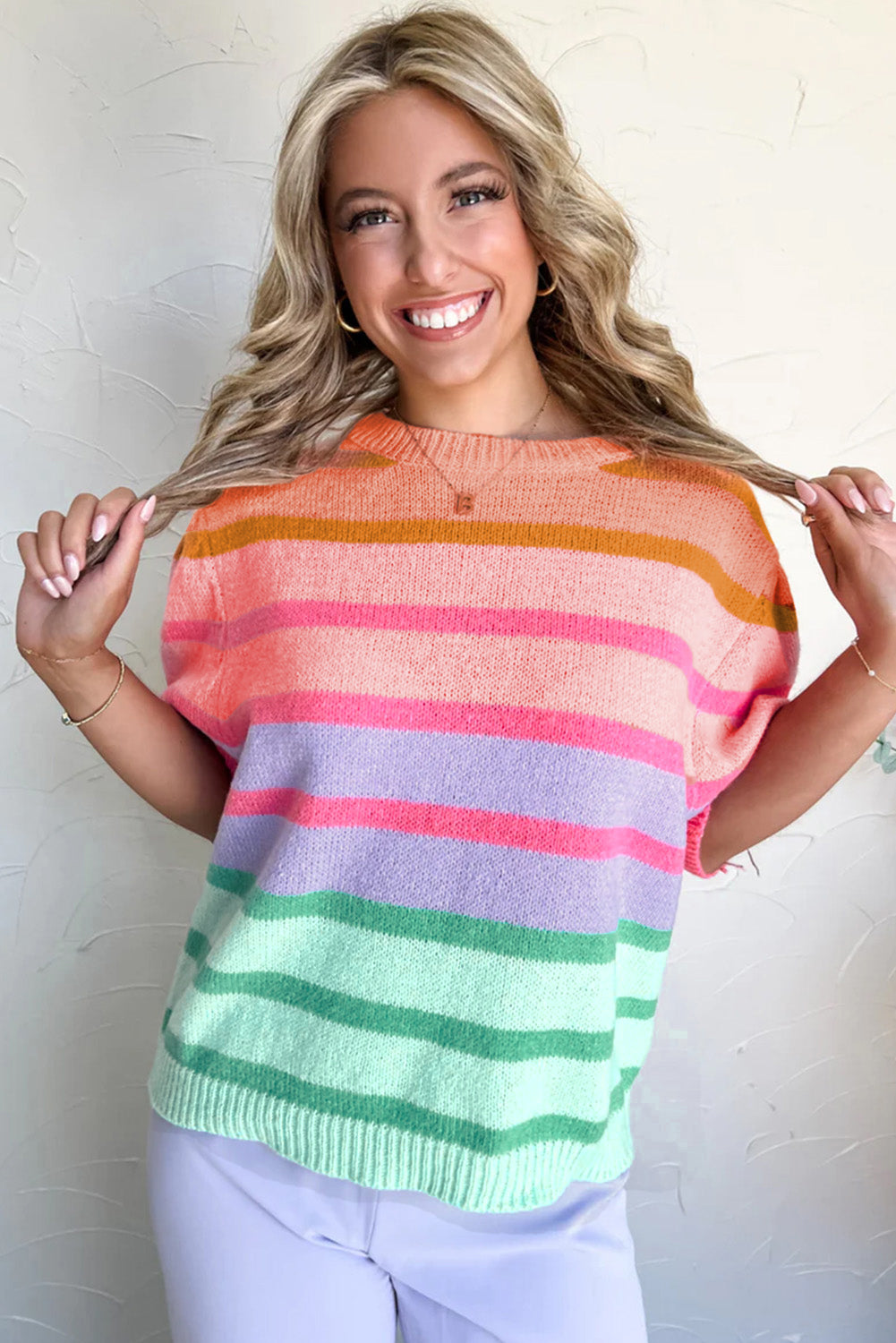 Rose red bunte streifen bubble short sleeve pullover
