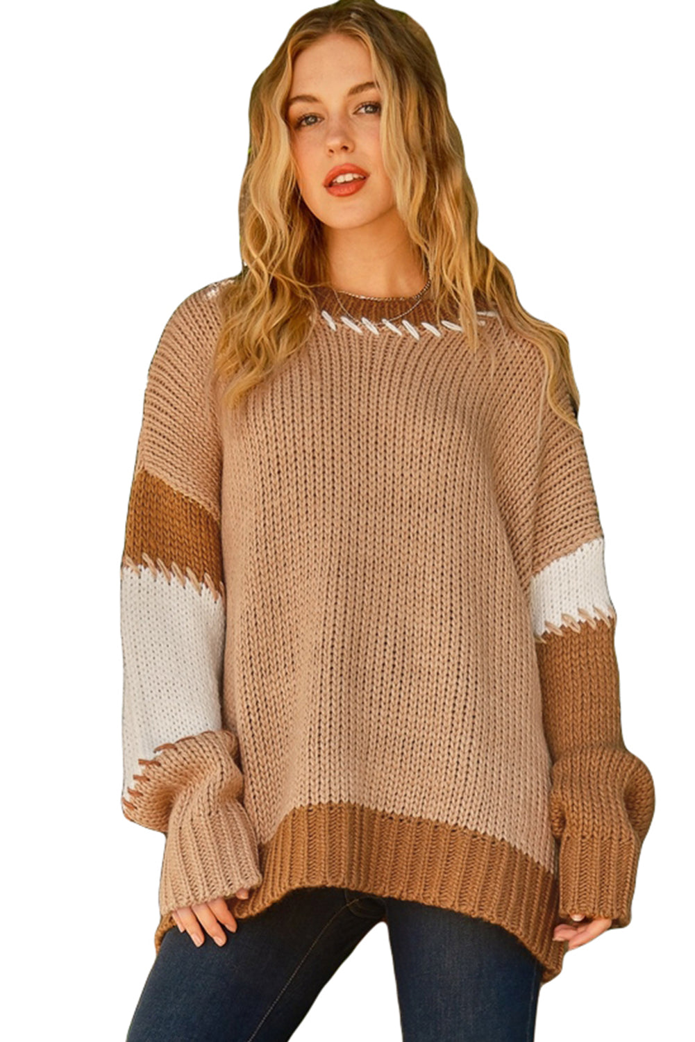 Helles french beige farbblock-kontrastnähte pullover in übergröße