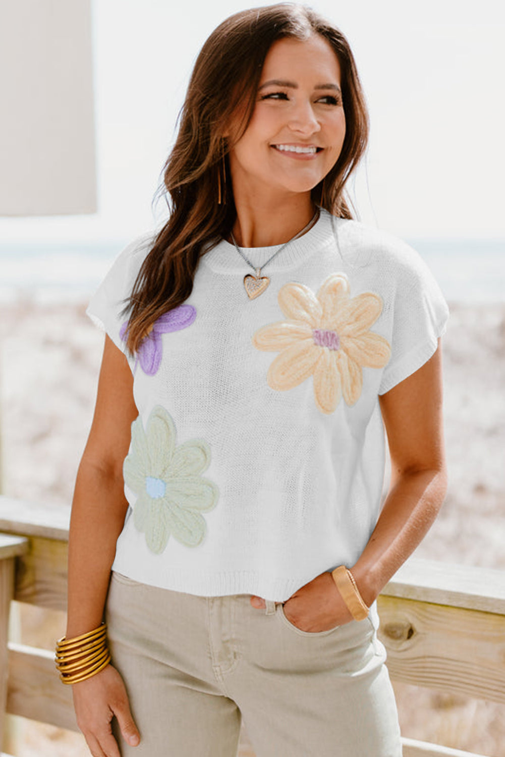 Weiß multi häkeln blume stricken kurze ärmel pullover tops