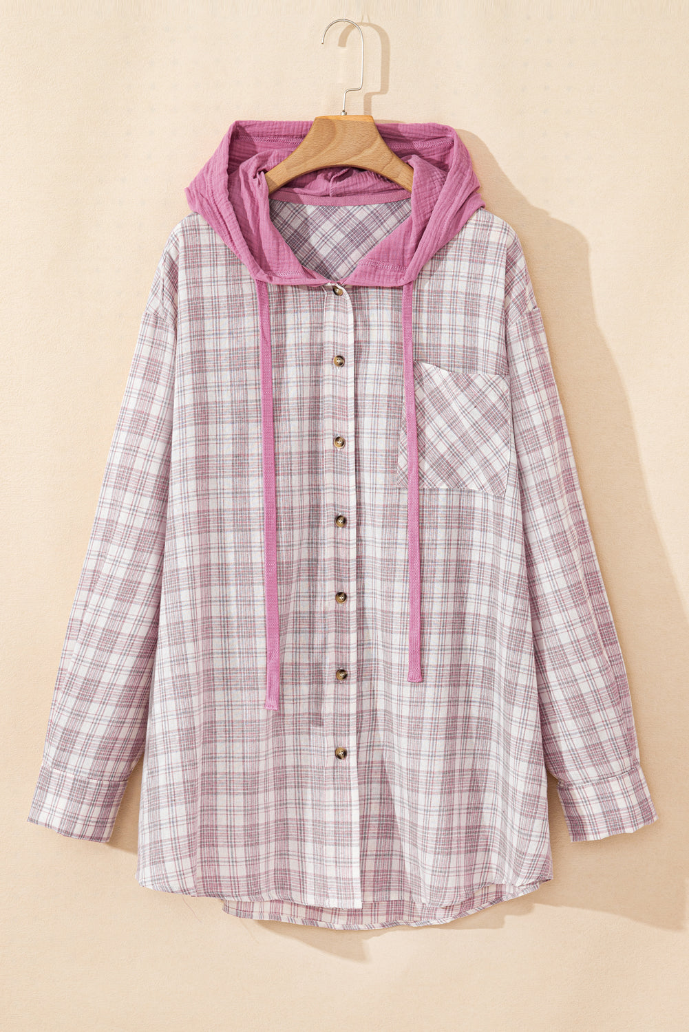 Bonbon plaid druck kordelzug mit kapuze button-up plus größe shirt