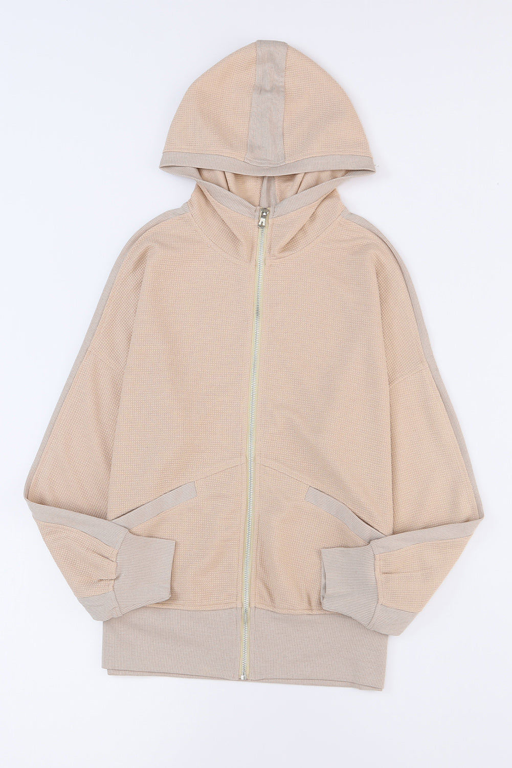 Khaki thermal waffle knit full zipper hooded jacket