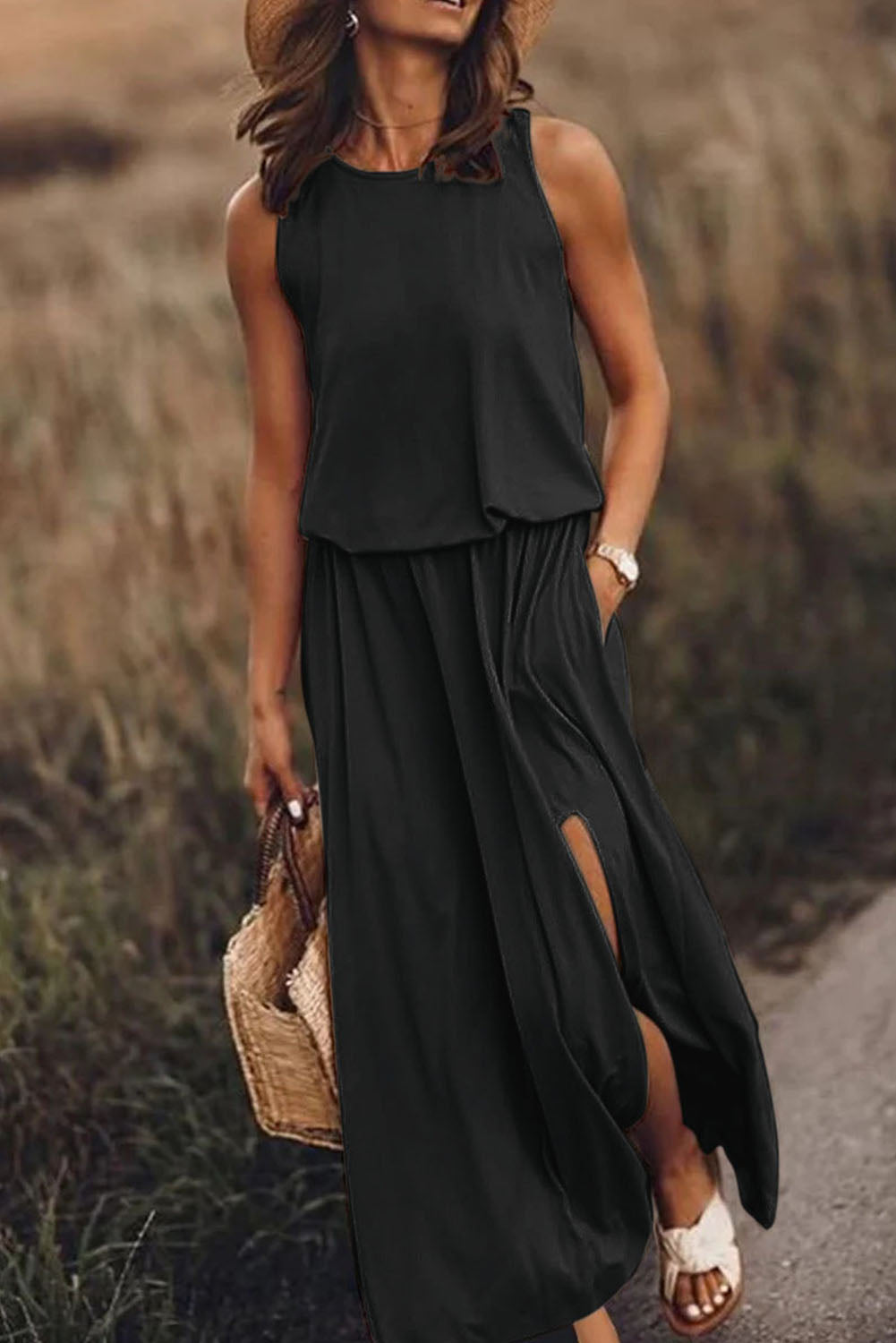 Schwarzes einfarbiges ärmelloses Tunika Maxikleid mit Schlitz