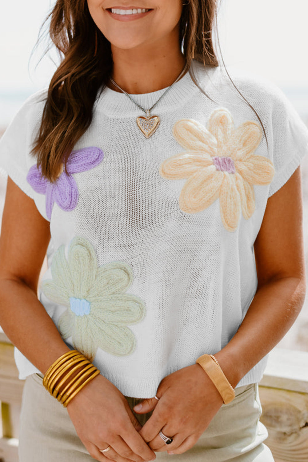 Weiß multi häkeln blume stricken kurze ärmel pullover tops