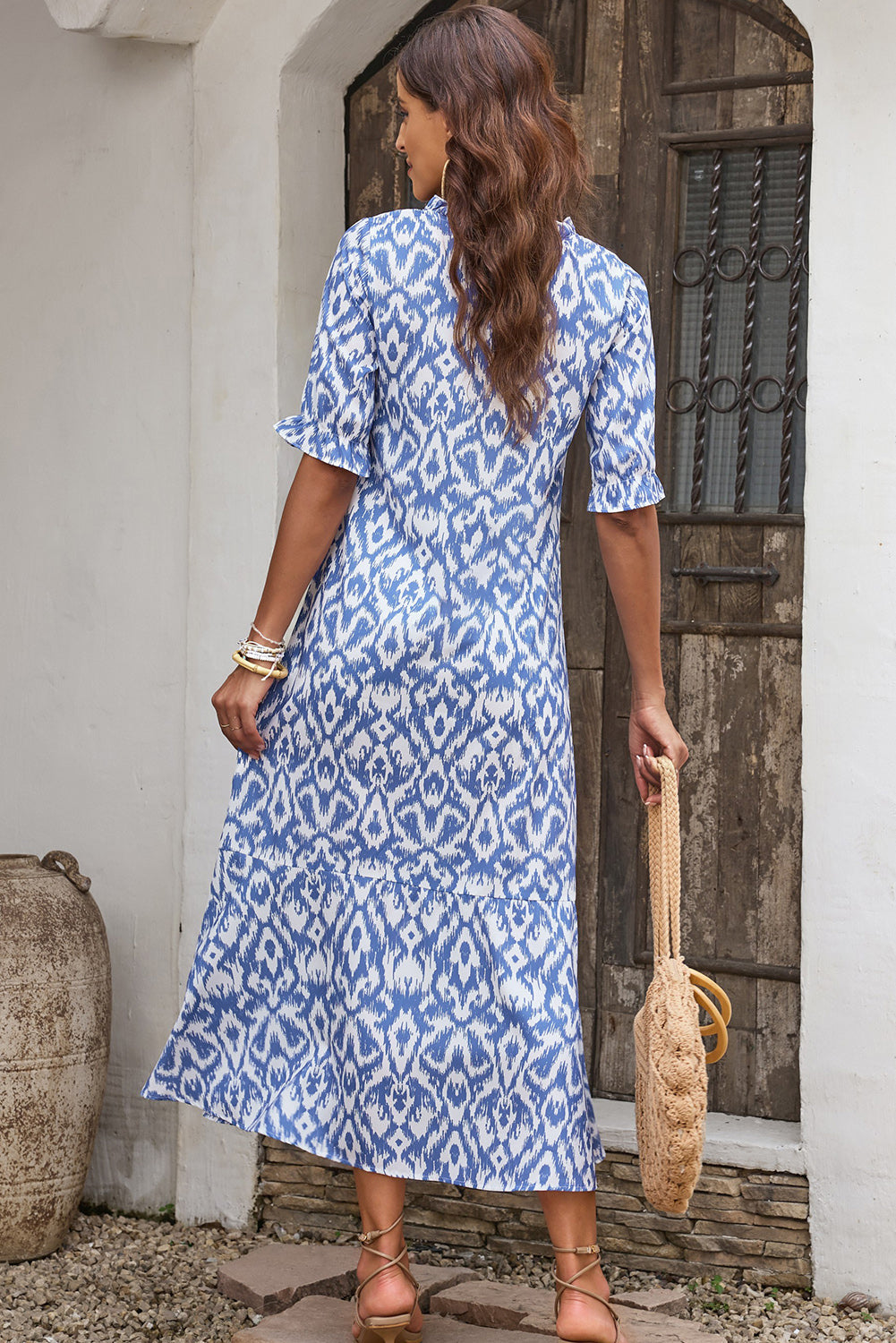 Himmelblau V-Ausschnitt Casual Geometric Print Maxikleid