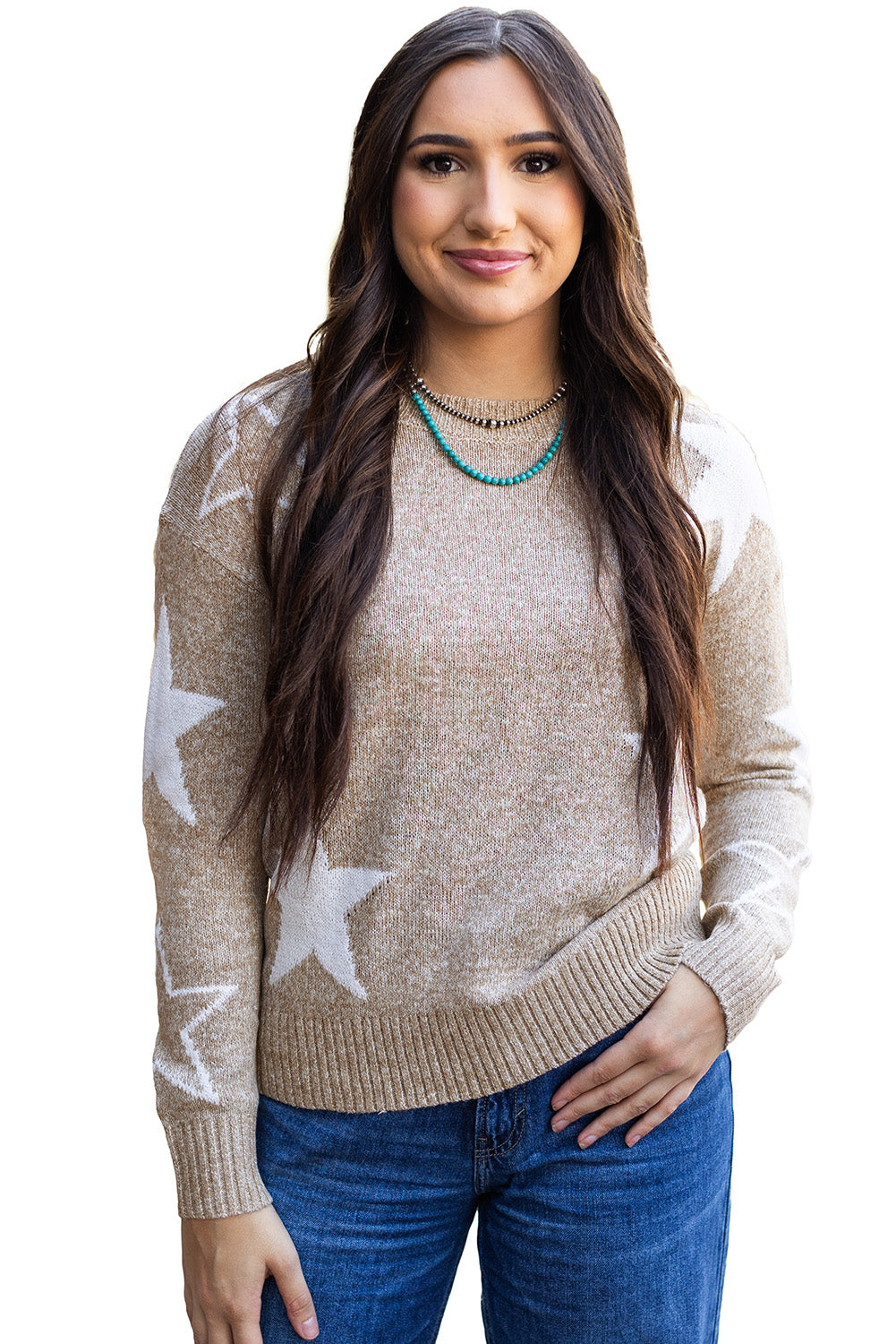 Khakifarbener pullover mit sternchenmuster und tropfenschulter