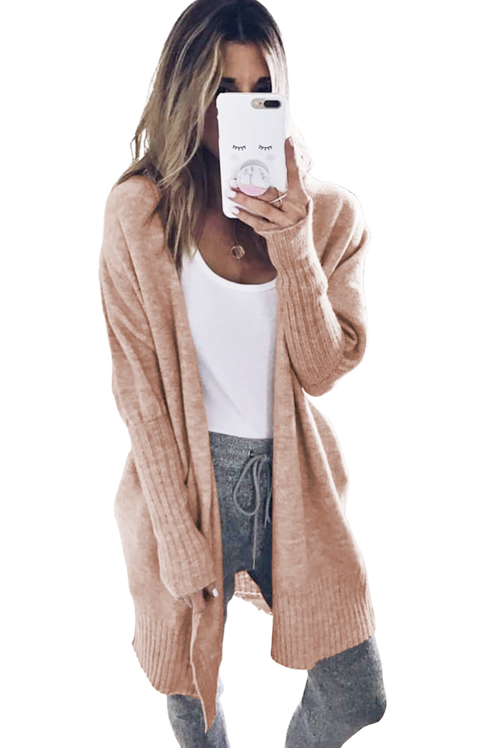 Rauchgraue strickjacke mit geripptem saum und offenen puffärmeln