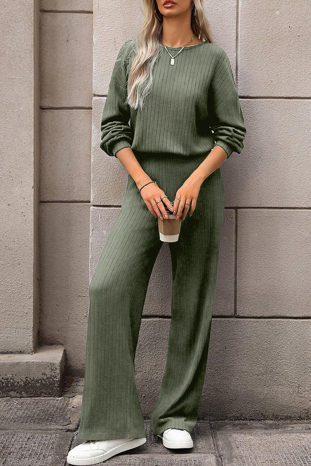 Lorbeergrüner vollrippstrick schlüsselloch zurück hohe taille jumpsuit