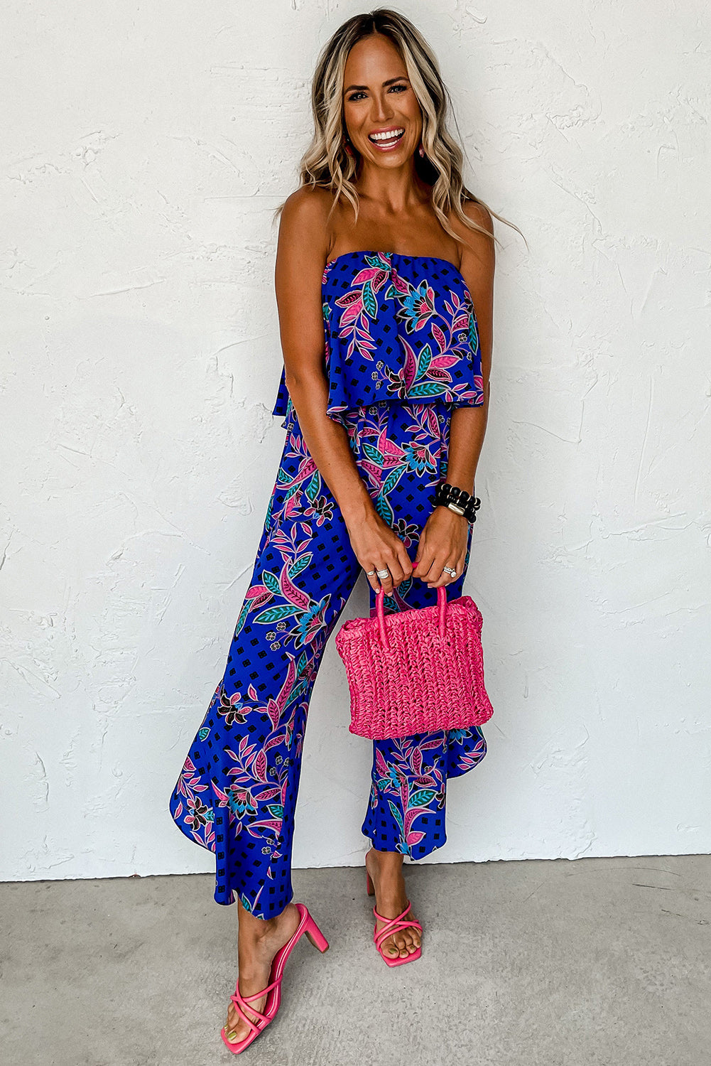 Blue mix tropical print trägerloser geraffter jumpsuit
