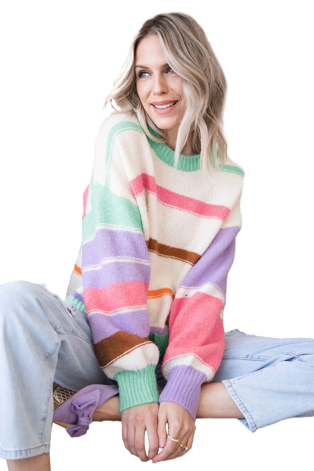 Mehrfarbig gestreifter colorblock pullover mit überschnittenen schultern