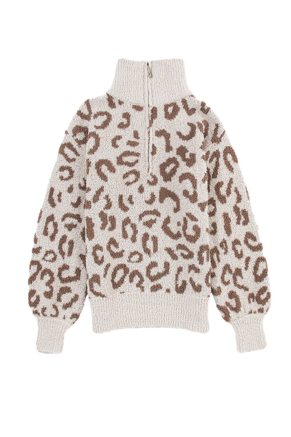 Grauer pullover mit tiermuster und reißverschluss mit kragen
