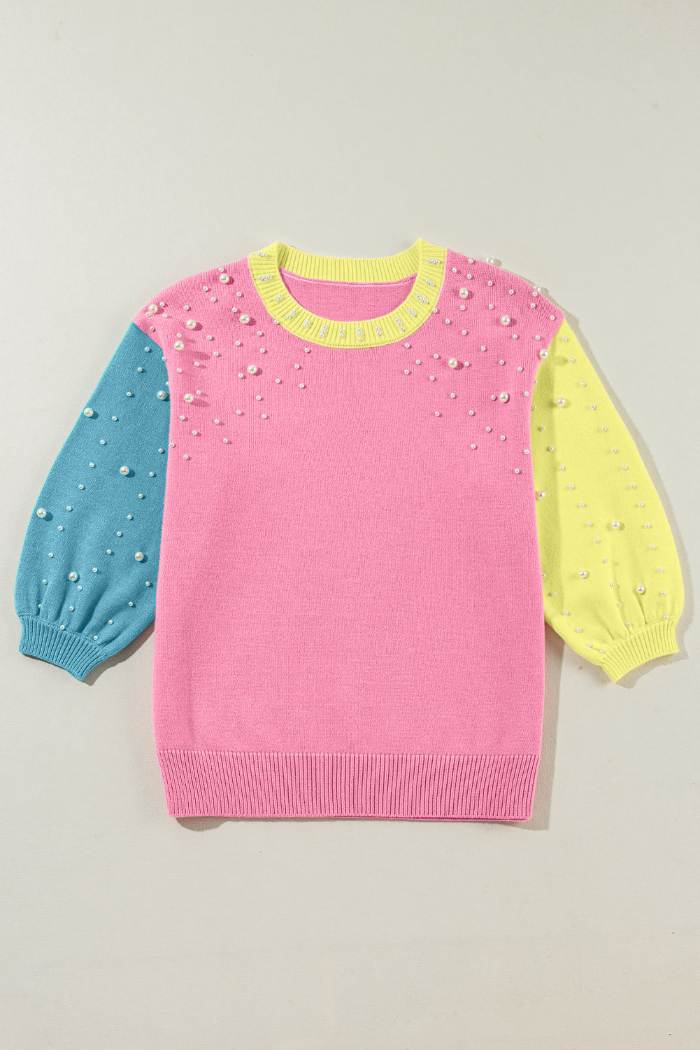 Rosenroter colorblock pullover mit rundhalsausschnitt und halben ärmeln mit perlen
