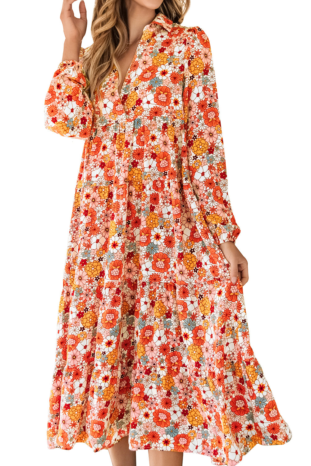 Multicolor boho floral collared langärmeliges gerafftes Kleid