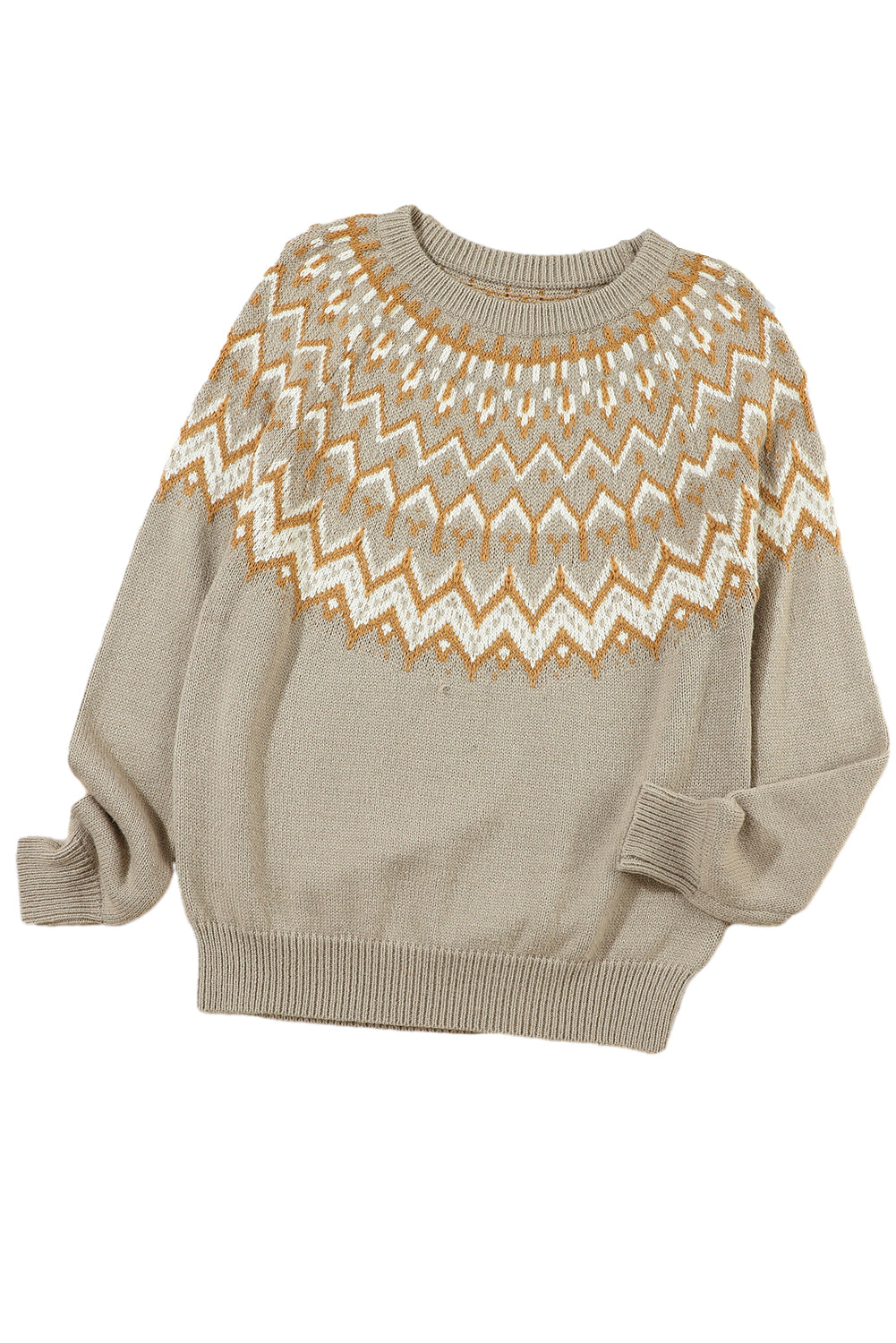 Grauer pullover mit geometrischem muster und geripptem rundhalsausschnitt