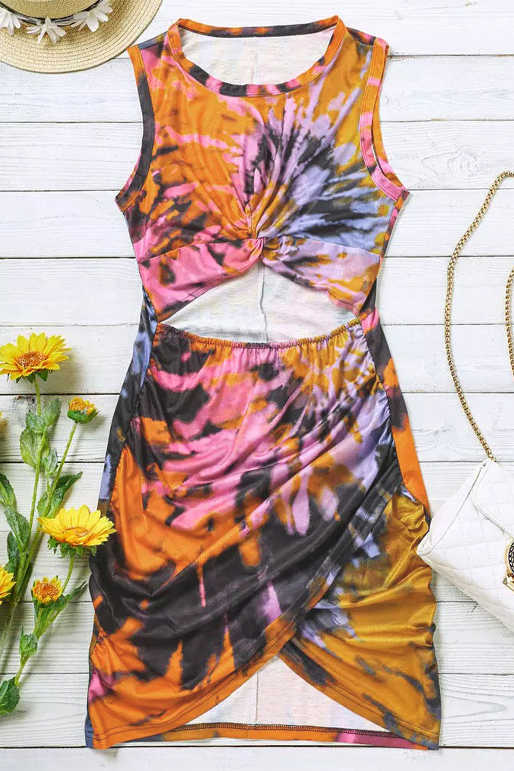 Mehrfarbig tie-dye print hollow out twist bodycon mini dress