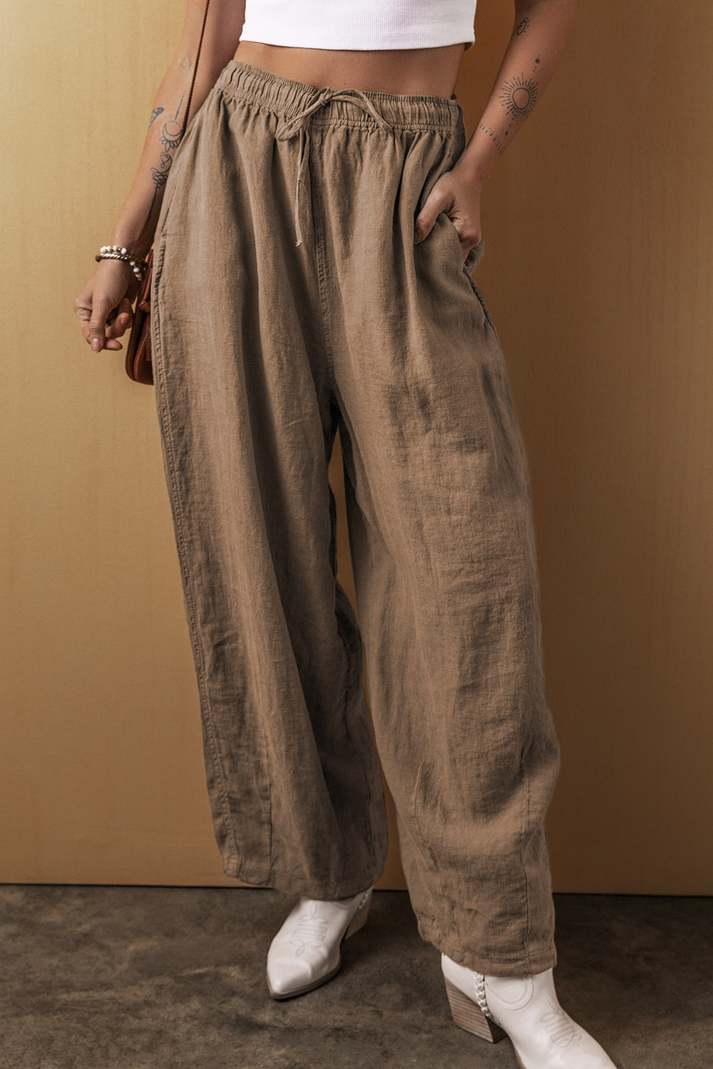 Wüstenpalme baumwolle leinen hose mit weitem bein und kordelzug an der taille
