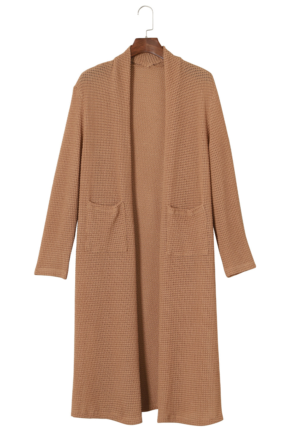 Kastanienbrauner langer waffelstrick-cardigan mit taschen