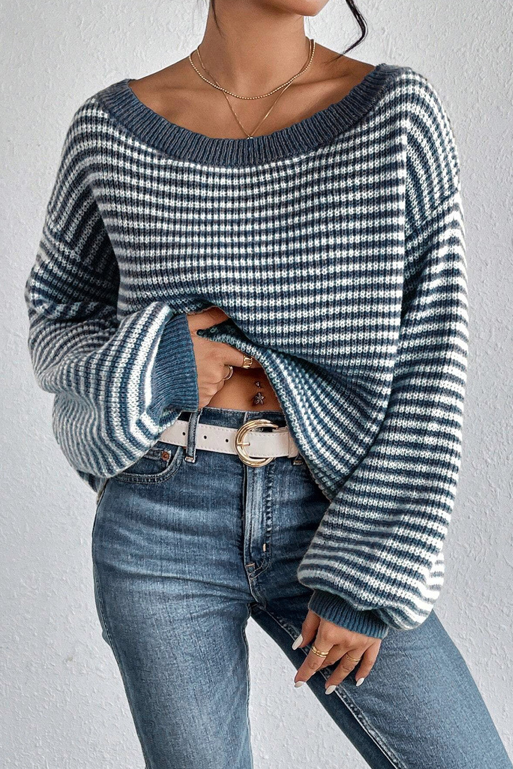 Segelblau gestreift laterne ärmel drop shoulder gemütlichen pullover