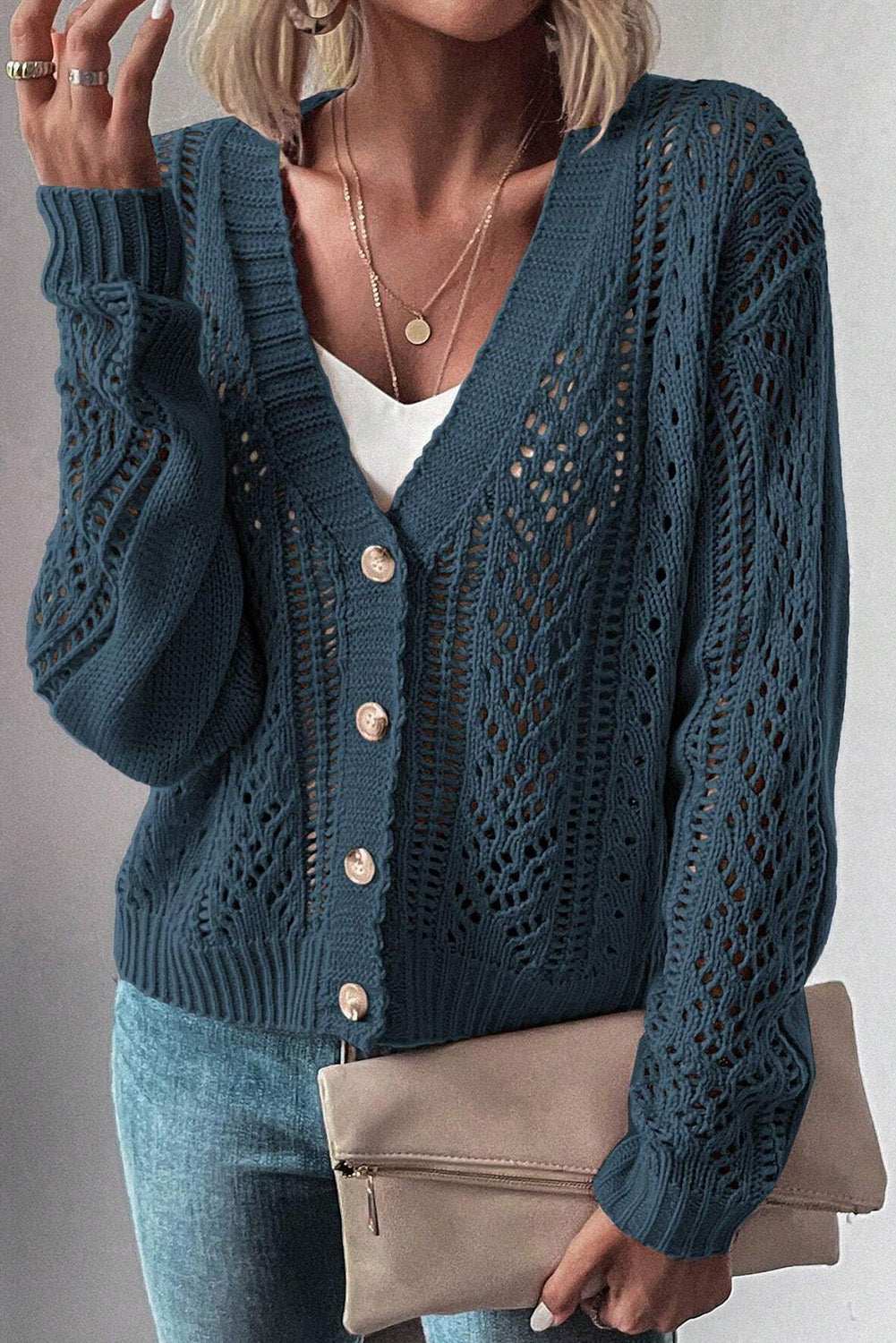 Real teal open knit drop shoulder pullover cardigan