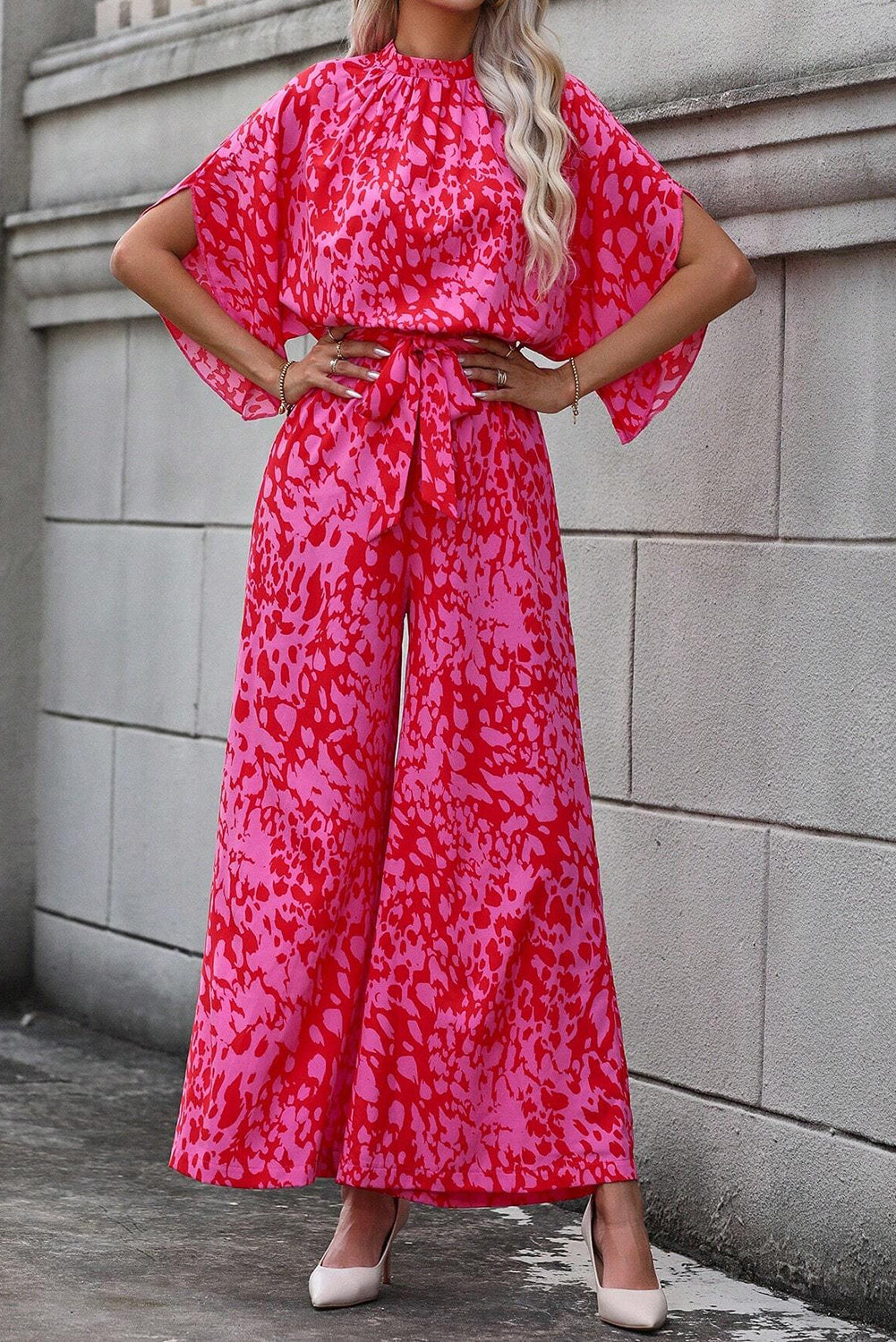 Rose leopard lose ärmel gürtel mit weitem bein jumpsuit