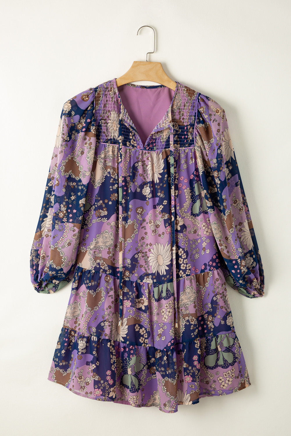 Lila vintage daisy floral puff sleeve ruffle kurzes kleid