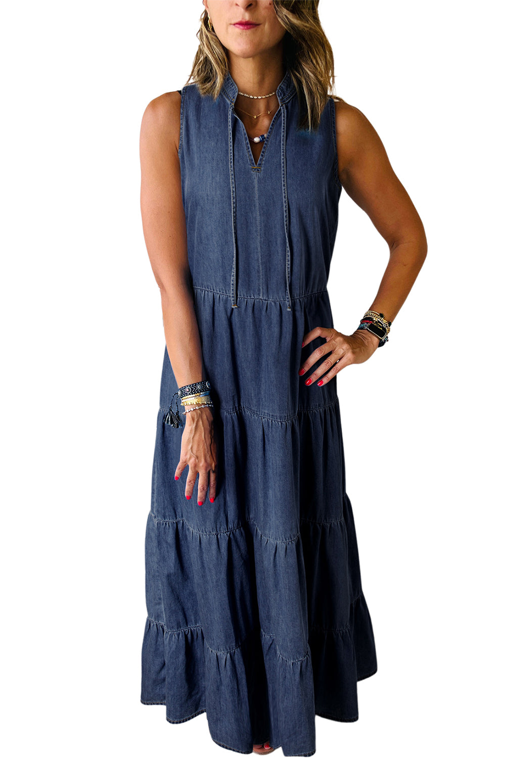 Ärmelloses, gestuftes Maxikleid aus Chambray in echtem Petrol