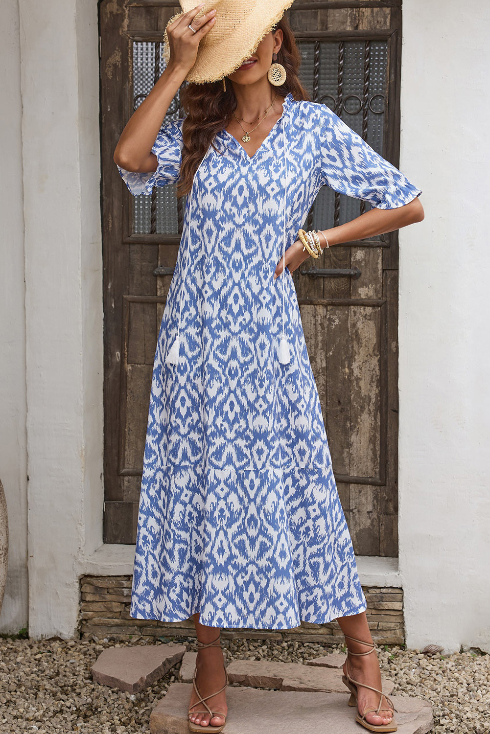 Himmelblau V-Ausschnitt Casual Geometric Print Maxikleid
